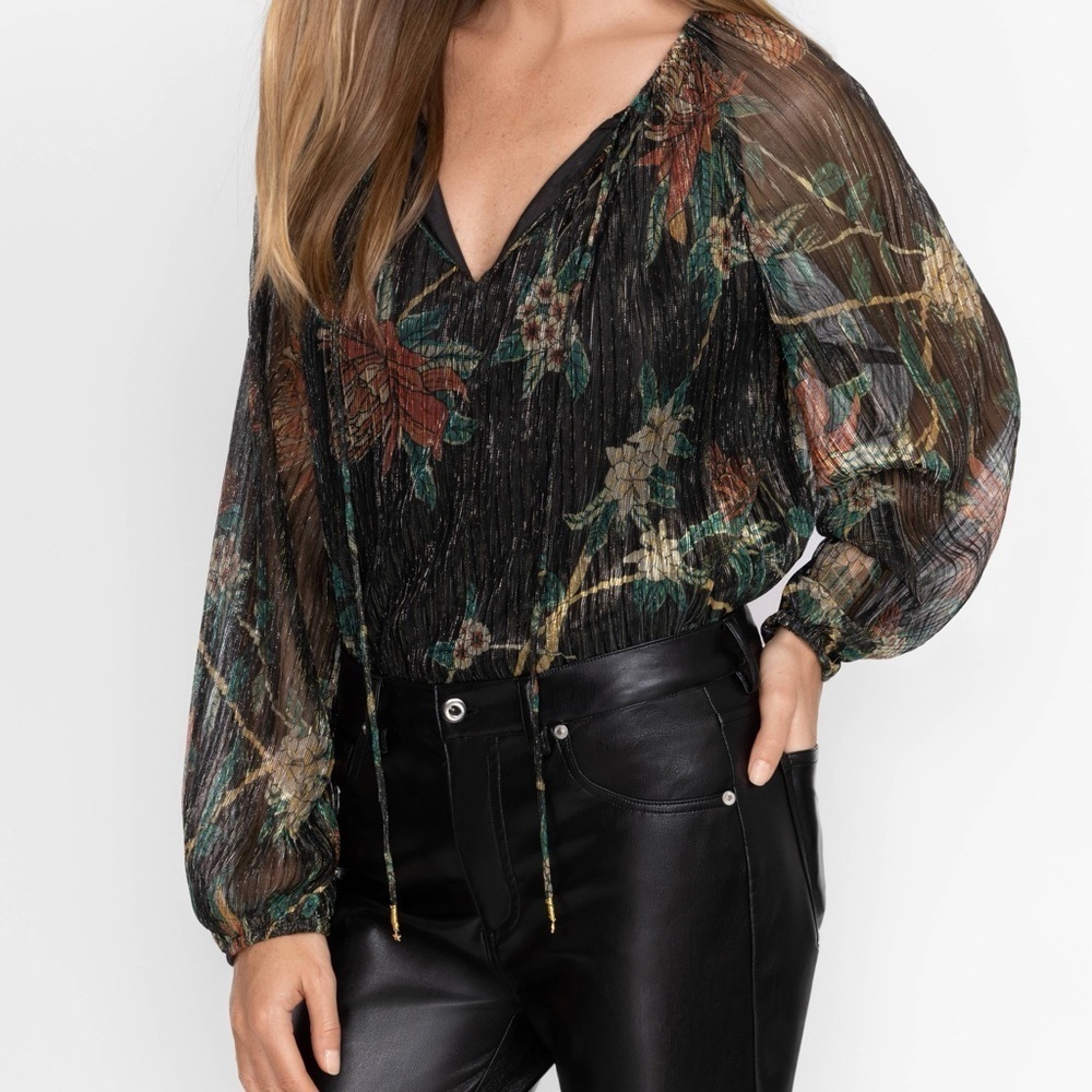JOHNNY WAS Evelina Metallic Floral-Print Chiffon Blouse